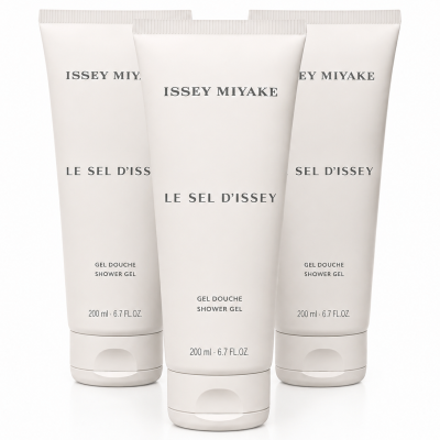 Three bottles of 3x Issey Miyake Le Sel D’Issey Shower Gel, each 200ml, are displayed upright against a white background.