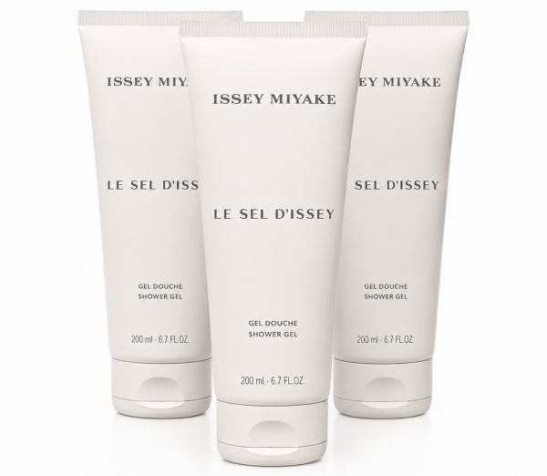 Three bottles of 3x Issey Miyake Le Sel D’Issey Shower Gel, each 200ml, are displayed upright against a white background.