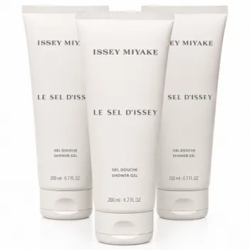 Three bottles of 3x Issey Miyake Le Sel D’Issey Shower Gel, each 200ml, are displayed upright against a white background.
