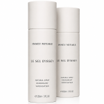 Three cylindrical bottles of Issey Miyake Le Sel D’Issey Deodorant Spray for Men, each labeled 150ml / 5 fl. oz, standing upright against a white background.