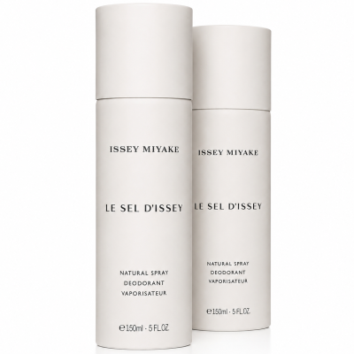 Three cylindrical bottles of Issey Miyake Le Sel D’Issey Deodorant Spray for Men, each labeled 150ml / 5 fl. oz, standing upright against a white background.