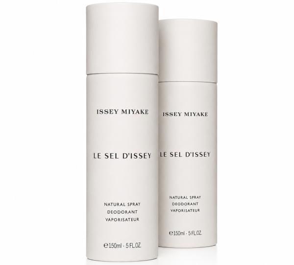 Three cylindrical bottles of Issey Miyake Le Sel D’Issey Deodorant Spray for Men, each labeled 150ml / 5 fl. oz, standing upright against a white background.