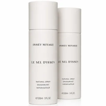 Three cylindrical bottles of Issey Miyake Le Sel D’Issey Deodorant Spray for Men, each labeled 150ml / 5 fl. oz, standing upright against a white background.