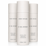 Three bottles of Issey Miyake Le Sel D’Issey Deodorant Spray for Men (150ml each) are arranged against a white background, featuring minimalist white packaging with black text.