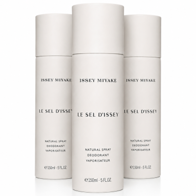 Three bottles of Issey Miyake Le Sel D’Issey Deodorant Spray for Men (150ml each) are arranged against a white background, featuring minimalist white packaging with black text.