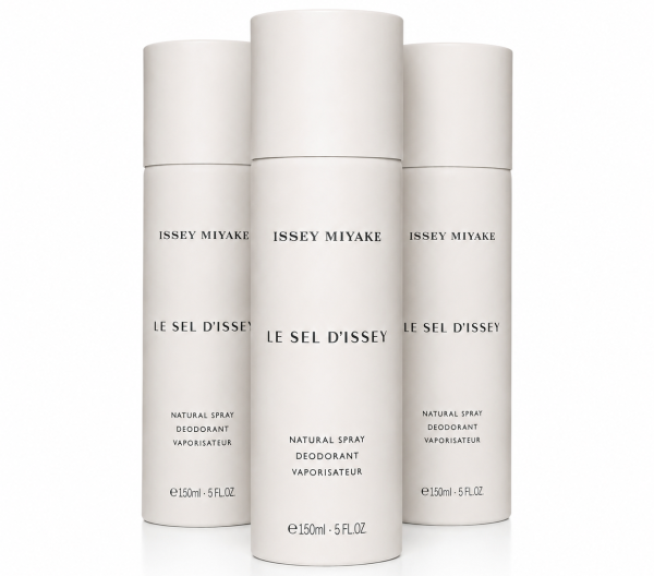 Three bottles of Issey Miyake Le Sel D’Issey Deodorant Spray for Men (150ml each) are arranged against a white background, featuring minimalist white packaging with black text.