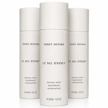 Three bottles of Issey Miyake Le Sel D’Issey Deodorant Spray for Men (150ml each) are arranged against a white background, featuring minimalist white packaging with black text.