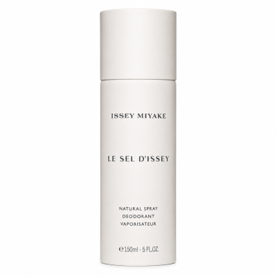 Three white cylindrical bottles labeled “Issey Miyake Le Sel D’Issey Deodorant Spray for Men,” each with a volume of 150ml (5 fl. oz), are shown on a plain background.