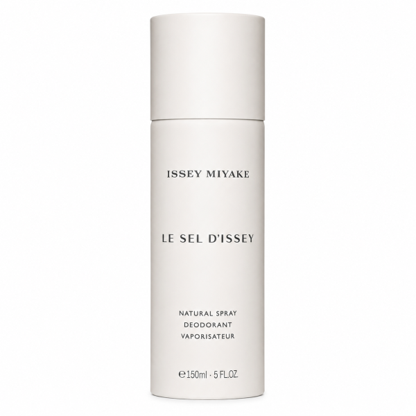 Three white cylindrical bottles labeled “Issey Miyake Le Sel D’Issey Deodorant Spray for Men,” each with a volume of 150ml (5 fl. oz), are shown on a plain background.