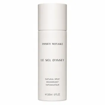 Three white cylindrical bottles labeled “Issey Miyake Le Sel D’Issey Deodorant Spray for Men,” each with a volume of 150ml (5 fl. oz), are shown on a plain background.