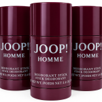 Three maroon JOOP! HOMME deodorant sticks are displayed upright side by side, each labeled 2.4 oz.