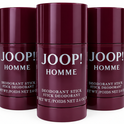 Three maroon JOOP! HOMME deodorant sticks are displayed upright side by side, each labeled 2.4 oz.