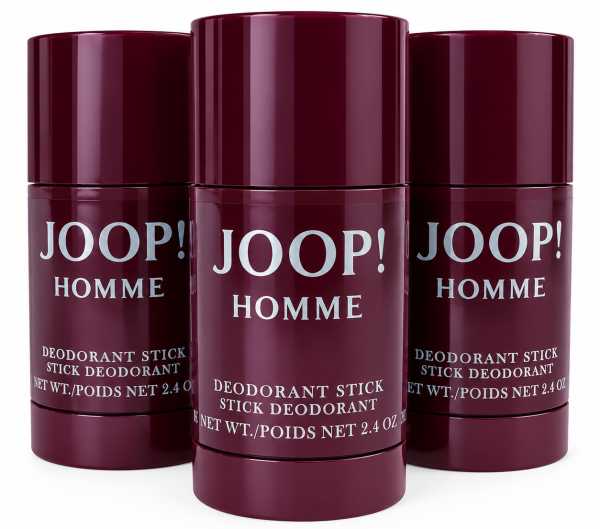 Three maroon JOOP! HOMME deodorant sticks are displayed upright side by side, each labeled 2.4 oz.
