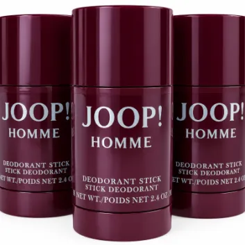 Three maroon JOOP! HOMME deodorant sticks are displayed upright side by side, each labeled 2.4 oz.