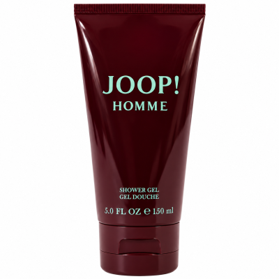 A maroon tube of Joop! Homme shower gel, 150 ml size, with product name and details printed in white and light blue on the front.