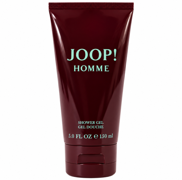 A maroon tube of Joop! Homme shower gel, 150 ml size, with product name and details printed in white and light blue on the front.