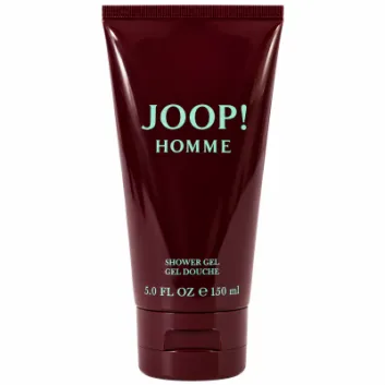 A maroon tube of Joop! Homme shower gel, 150 ml size, with product name and details printed in white and light blue on the front.