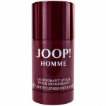 A burgundy cylindrical container labeled “JOOP! HOMME” deodorant stick, net weight 2.4 oz, with white text on the front.