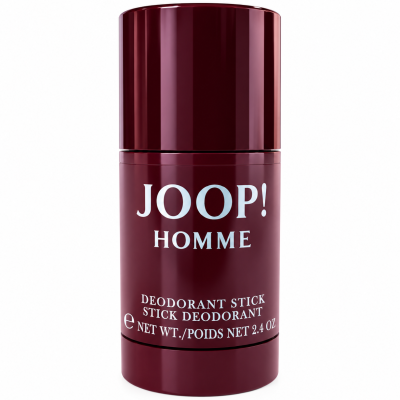 A burgundy cylindrical container labeled “JOOP! HOMME” deodorant stick, net weight 2.4 oz, with white text on the front.