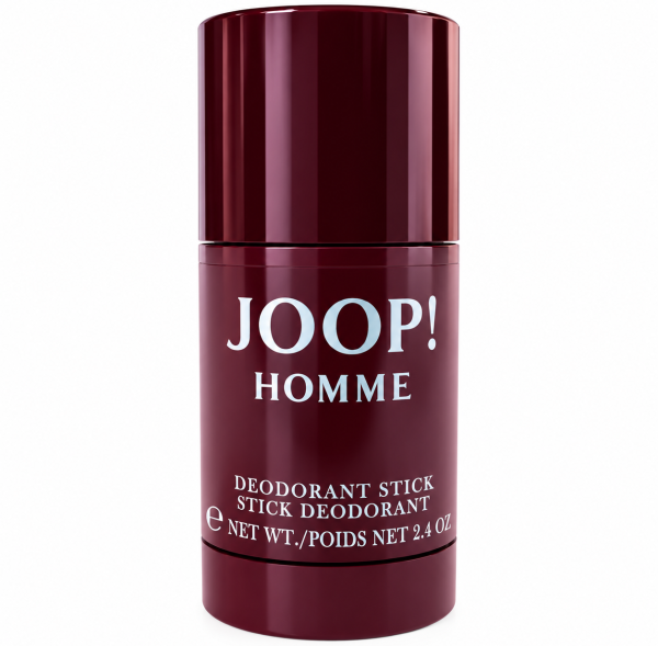 A burgundy cylindrical container labeled “JOOP! HOMME” deodorant stick, net weight 2.4 oz, with white text on the front.