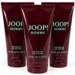 Three maroon tubes of JOOP! HOMME shower gel, each labeled 5.0 FL OZ (150 ml), are standing upright against a white background.