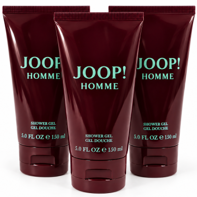 Three maroon tubes of JOOP! HOMME shower gel, each labeled 5.0 FL OZ (150 ml), are standing upright against a white background.