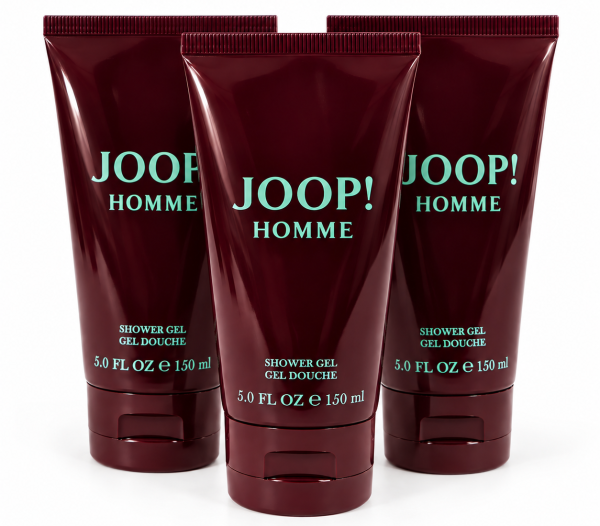 Three maroon tubes of JOOP! HOMME shower gel, each labeled 5.0 FL OZ (150 ml), are standing upright against a white background.