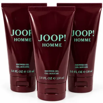 Three maroon tubes of JOOP! HOMME shower gel, each labeled 5.0 FL OZ (150 ml), are standing upright against a white background.