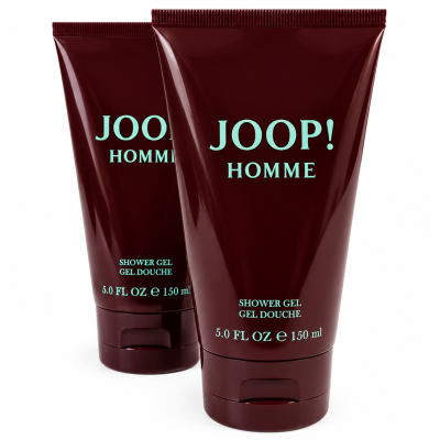 Two burgundy tubes of Joop! Homme shower gel, each labeled 5.0 fl oz (150 ml), standing upright with text in teal on the front.