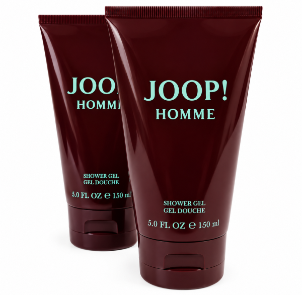 Two burgundy tubes of Joop! Homme shower gel, each labeled 5.0 fl oz (150 ml), standing upright with text in teal on the front.
