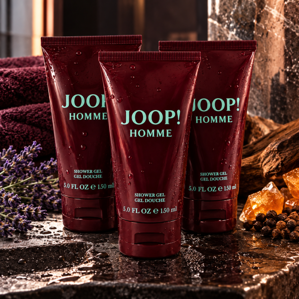 Three tubes of JOOP! HOMME shower gel stand on a wet stone surface, surrounded by lavender, amber stones, and dark towels in the background.