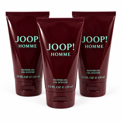 Three maroon tubes of Joop! Homme shower gel, each containing 150 ml, are standing upright against a white background.