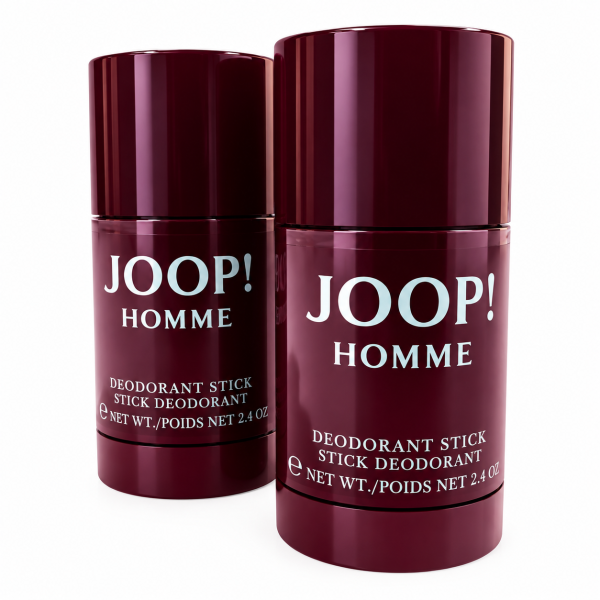 Two maroon Joop! Homme deodorant sticks, each labeled 2.4 oz, are standing upright side by side against a white background.