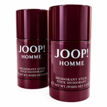 Two maroon Joop! Homme deodorant sticks, each labeled 2.4 oz, are standing upright side by side against a white background.