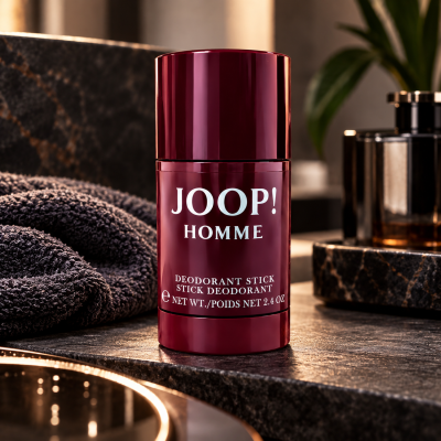 A maroon JOOP! Homme deodorant stick stands upright on a bathroom counter beside a folded towel and a marble tray, with a plant in the background.
