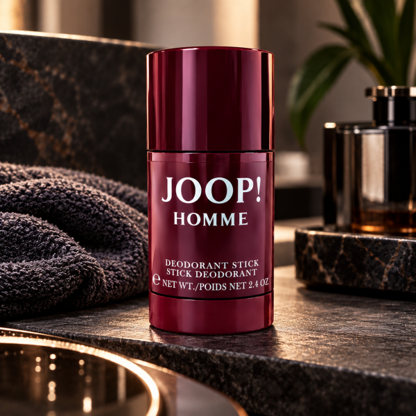 A maroon JOOP! Homme deodorant stick stands upright on a bathroom counter beside a folded towel and a marble tray, with a plant in the background.