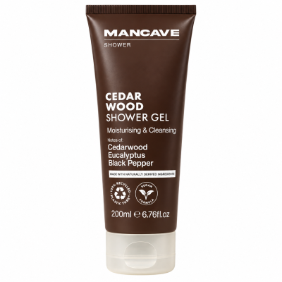 A pack of 3x ManCave Cedarwood Shower Gel, Man Cave, 200ml—moisturising, cleansing, and vegan with cedarwood, eucalyptus & black pepper notes.