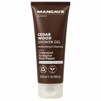 A pack of 3x ManCave Cedarwood Shower Gel, Man Cave, 200ml—moisturising, cleansing, and vegan with cedarwood, eucalyptus & black pepper notes.