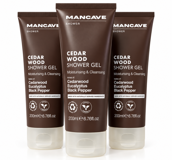 Three brown tubes of 3x ManCave Cedarwood Shower Gel, Man Cave, 200ml are standing upright side by side on a white background.