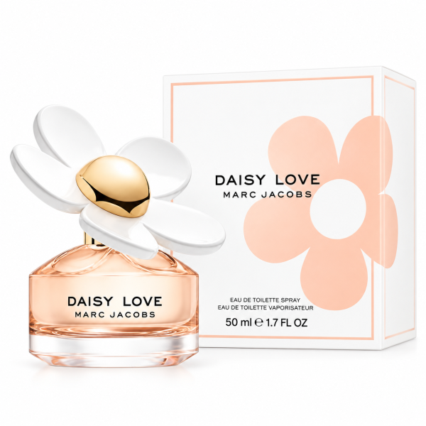 Marc Jacobs Daisy Love for Women 50ml EDT, featuring a white and gold daisy cap, displayed beside its white and peach floral-themed box. Marc Jacobs Daisy Love for Women 50ml EDT, featuring a white and gold daisy cap, displayed beside its white and peach floral-themed box.
