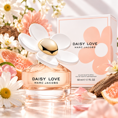 A 50ml bottle of Marc Jacobs Daisy Love for Women EDT, featuring a white flower cap, is surrounded by daisies, pink flowers, grapefruit slices, with the product box displayed in the background.