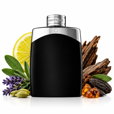 A black and silver bottle of Mont Blanc Legend EDT Spray for Men (200ml XL) is surrounded by a lemon slice, lavender, sage, cardamom, amber, cocoa beans, and wood, all set against a white background.