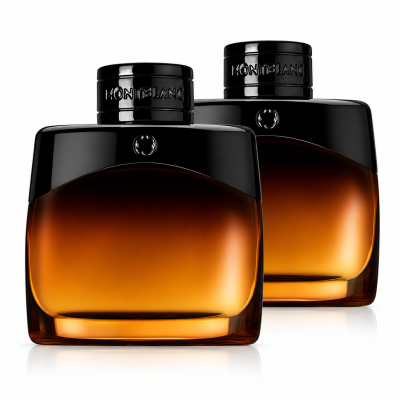 Two 100ml bottles of Mont Blanc Legend Night Eau de Parfum for Men are placed side by side on a white background, featuring sleek, curved amber and black designs with reflective surfaces.