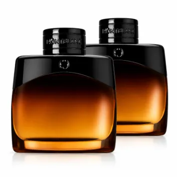 Two 100ml bottles of Mont Blanc Legend Night Eau de Parfum for Men are placed side by side on a white background, featuring sleek, curved amber and black designs with reflective surfaces.