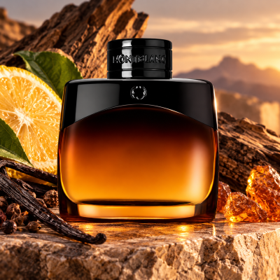 Two Mont Blanc Legend Night EDP Spray for Men, 100ml bottles with a gradient amber design rest on rocks, accompanied by a lemon slice, vanilla pods, and amber resin, set against mountains and a sunset in the background.