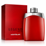 A 200ml XL Mont Blanc Legend Red EDP Spray for Men bottle is displayed beside its matching red box, both adorned with silver and white text.