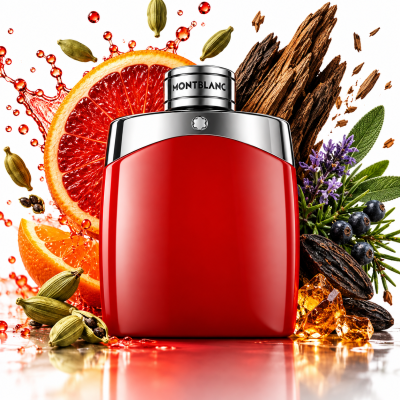 A 200ml XL bottle of Mont Blanc Legend Red EDP Spray for Men is displayed on a white background, surrounded by grapefruit, spices, herbs, wood, amber, and berries.