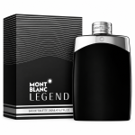 2x Mont Blanc Legend EDT Spray for Men, 200ml XL bottles displayed alongside their black and white retail packaging featuring a curved line design.