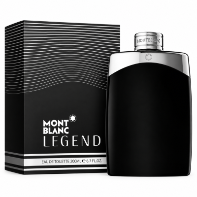2x Mont Blanc Legend EDT Spray for Men, 200ml XL bottles displayed alongside their black and white retail packaging featuring a curved line design.