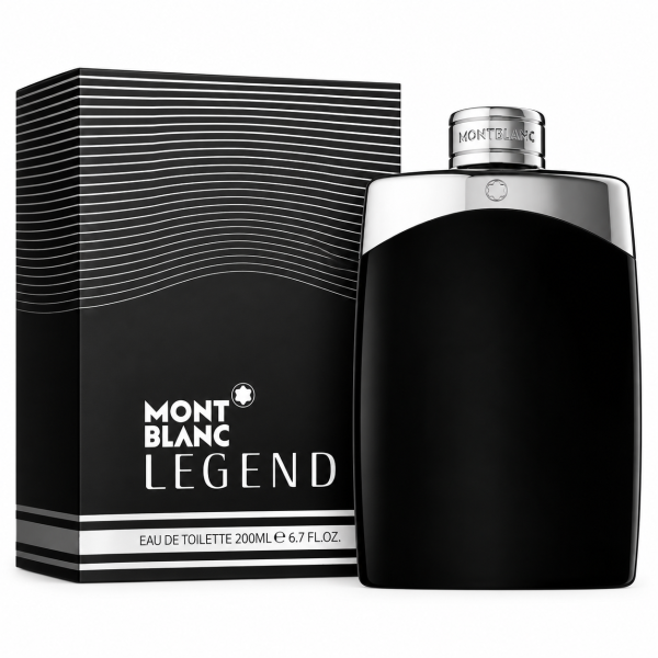 2x Mont Blanc Legend EDT Spray for Men, 200ml XL bottles displayed alongside their black and white retail packaging featuring a curved line design.